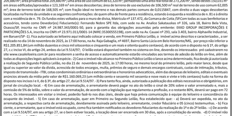 Edital de Leilão – Banco BS2 – Imóvel Estrada Fernando Nobre, 1777, nº80 – Cotia – SP